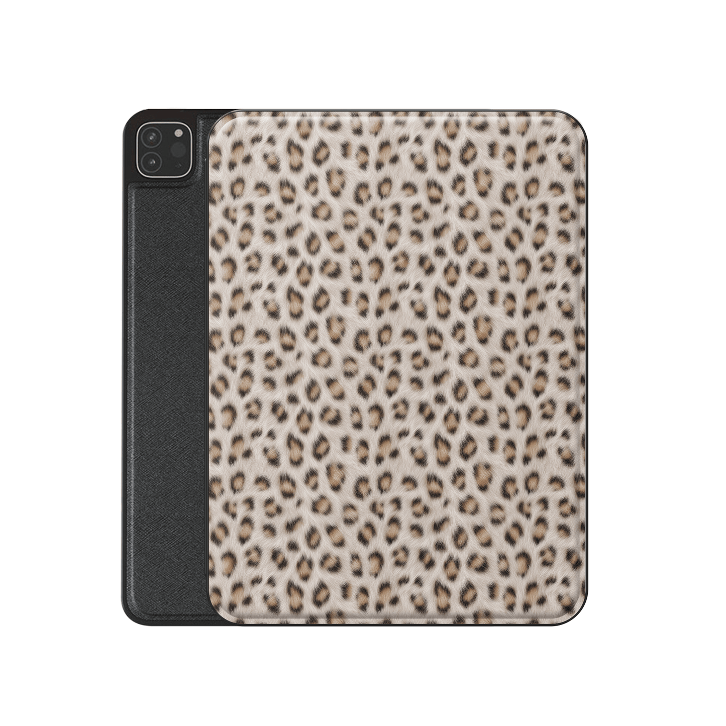 Snowy Roar iPad Case with cool snow-leopard print, vegan leather exterior and Apple Pencil holder.
