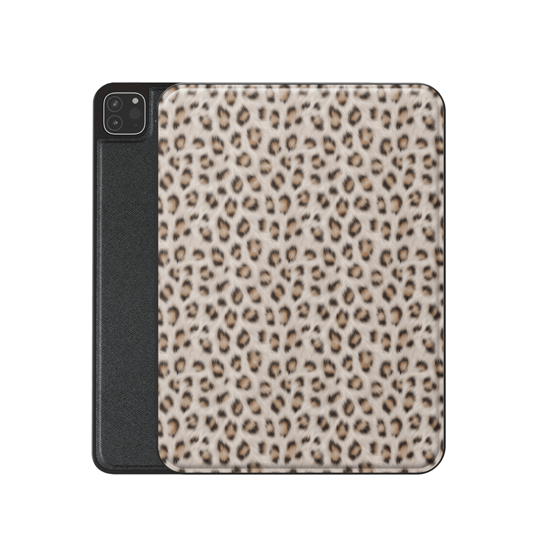 Snowy Roar iPad Case with cool snow-leopard print, vegan leather exterior and Apple Pencil holder.