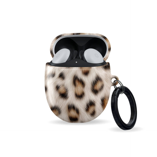 Snowy Roar white leopard print Google Pixel Buds case with glossy fur texture and keyring loop