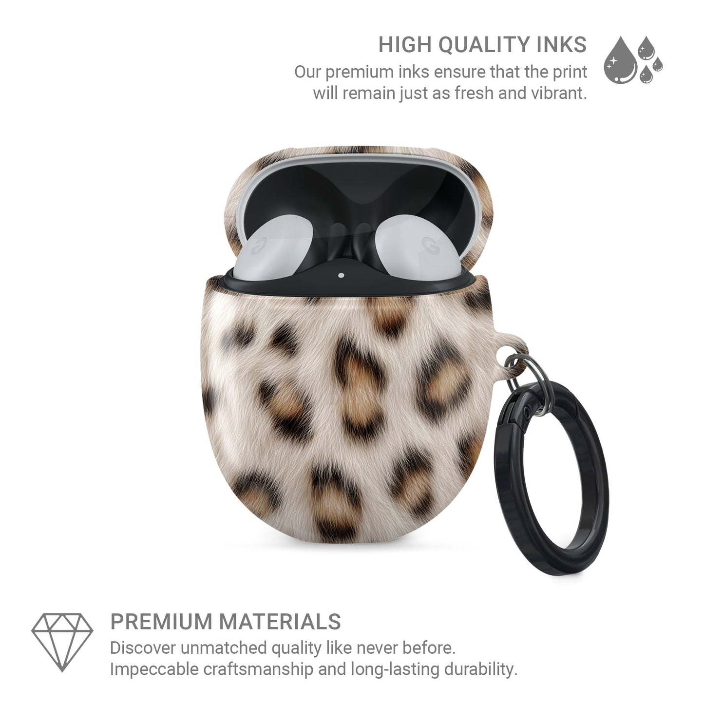 Snowy Roar white leopard print Google Pixel Buds case with glossy fur texture and keyring loop