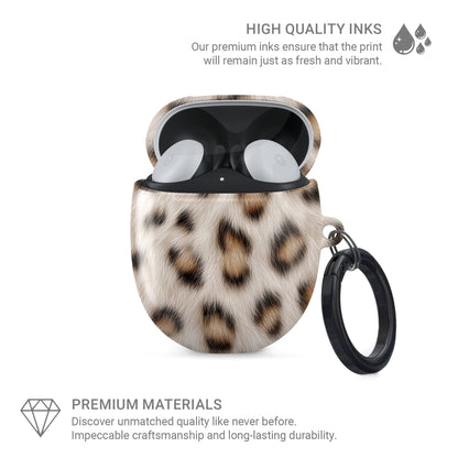 Snowy Roar white leopard print Google Pixel Buds case with glossy fur texture and keyring loop