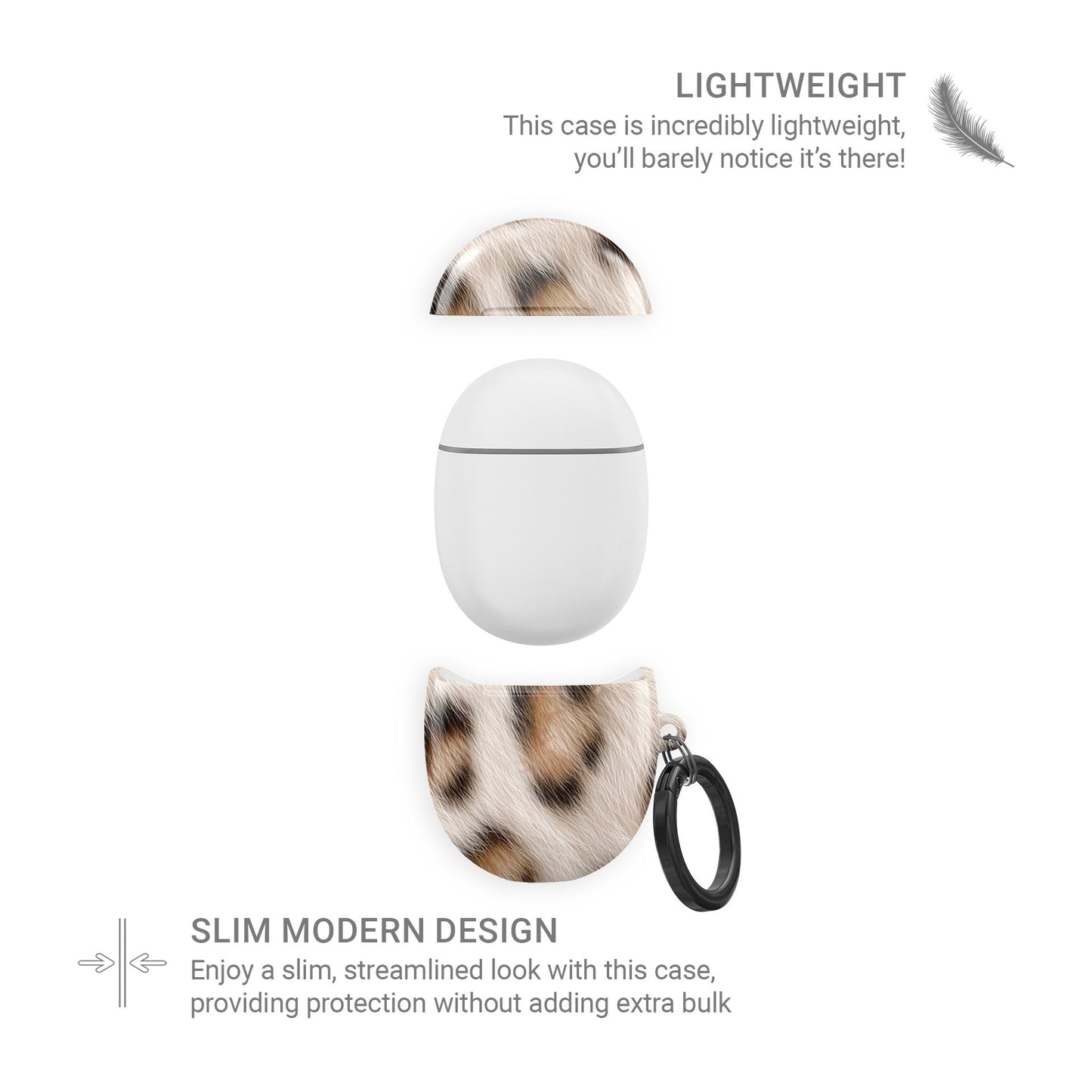 Snowy Roar white leopard print Google Pixel Buds case with glossy fur texture and keyring loop