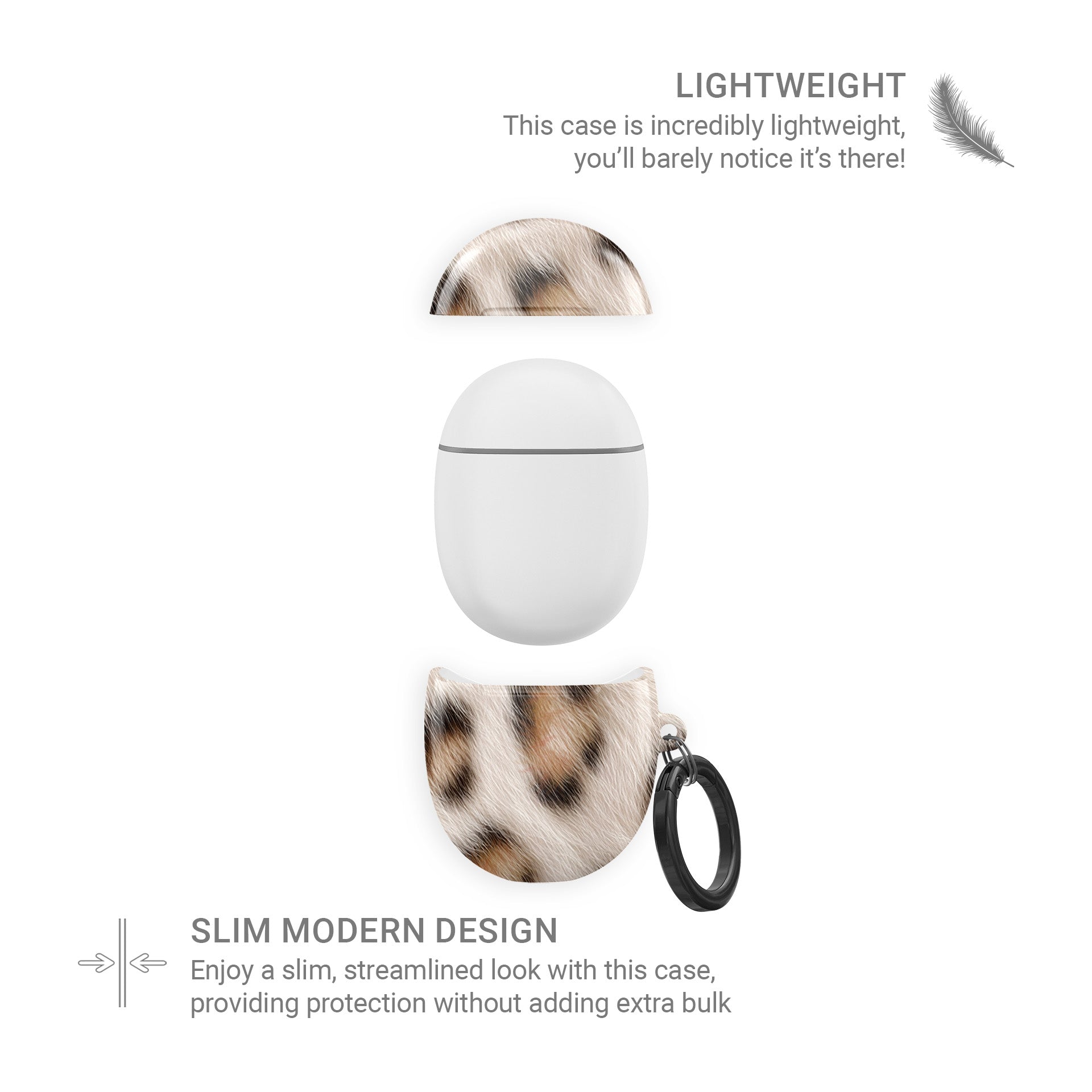 Snowy Roar white leopard print Google Pixel Buds case with glossy fur texture and keyring loop