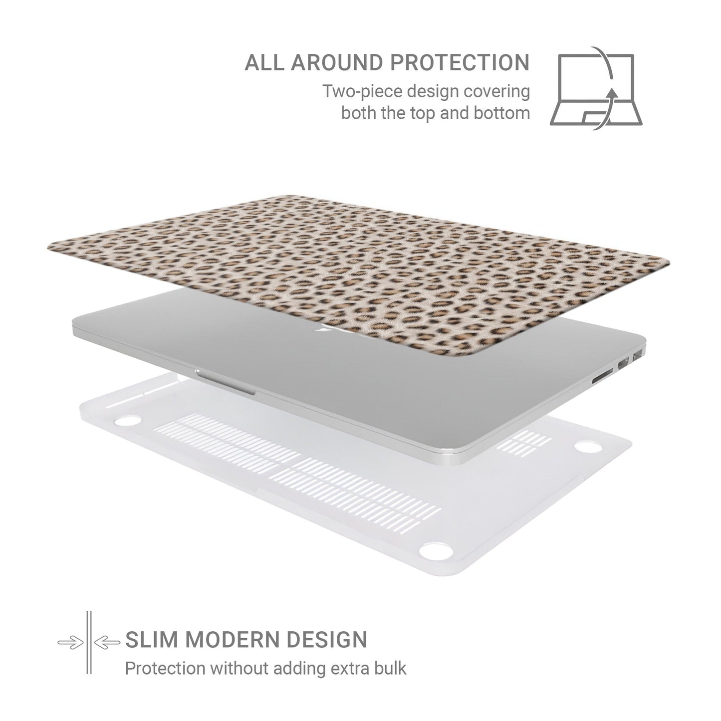 Snowy Roar MacBook Case with soft snow-leopard print, matte finish, snap-on shell and vented cooling base.