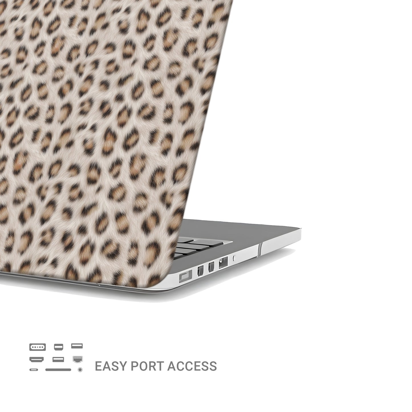 Snowy Roar MacBook Case with soft snow-leopard print, matte finish, snap-on shell and vented cooling base.