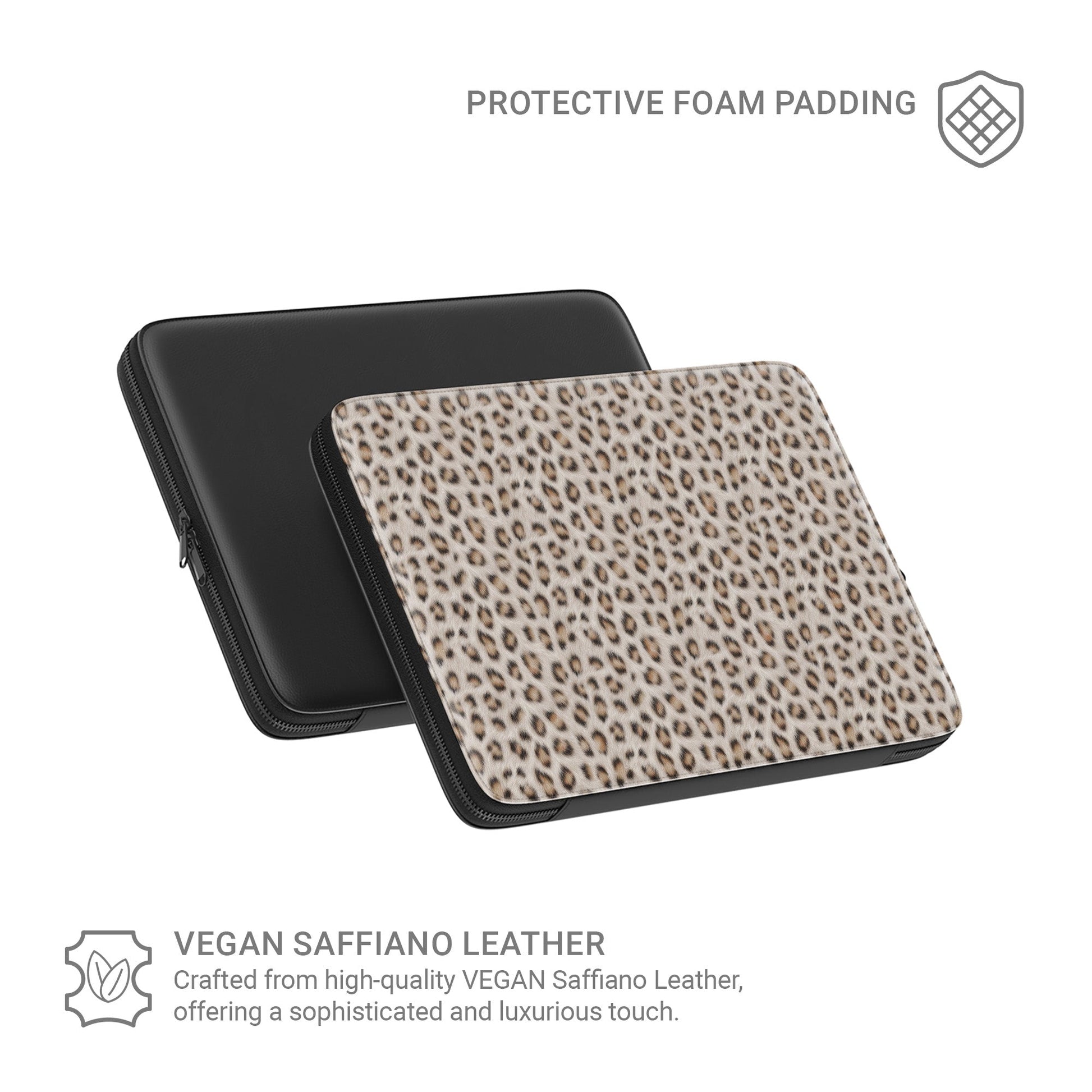 Snowy Roar laptop sleeve with soft snow-leopard print, vegan leather exterior, padded interior and smooth metal zipper.