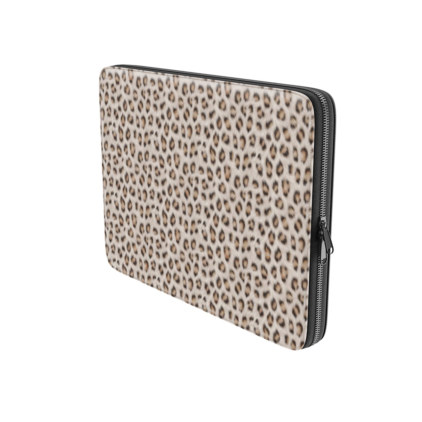 Snowy Roar laptop sleeve with soft snow-leopard print, vegan leather exterior, padded interior and smooth metal zipper.