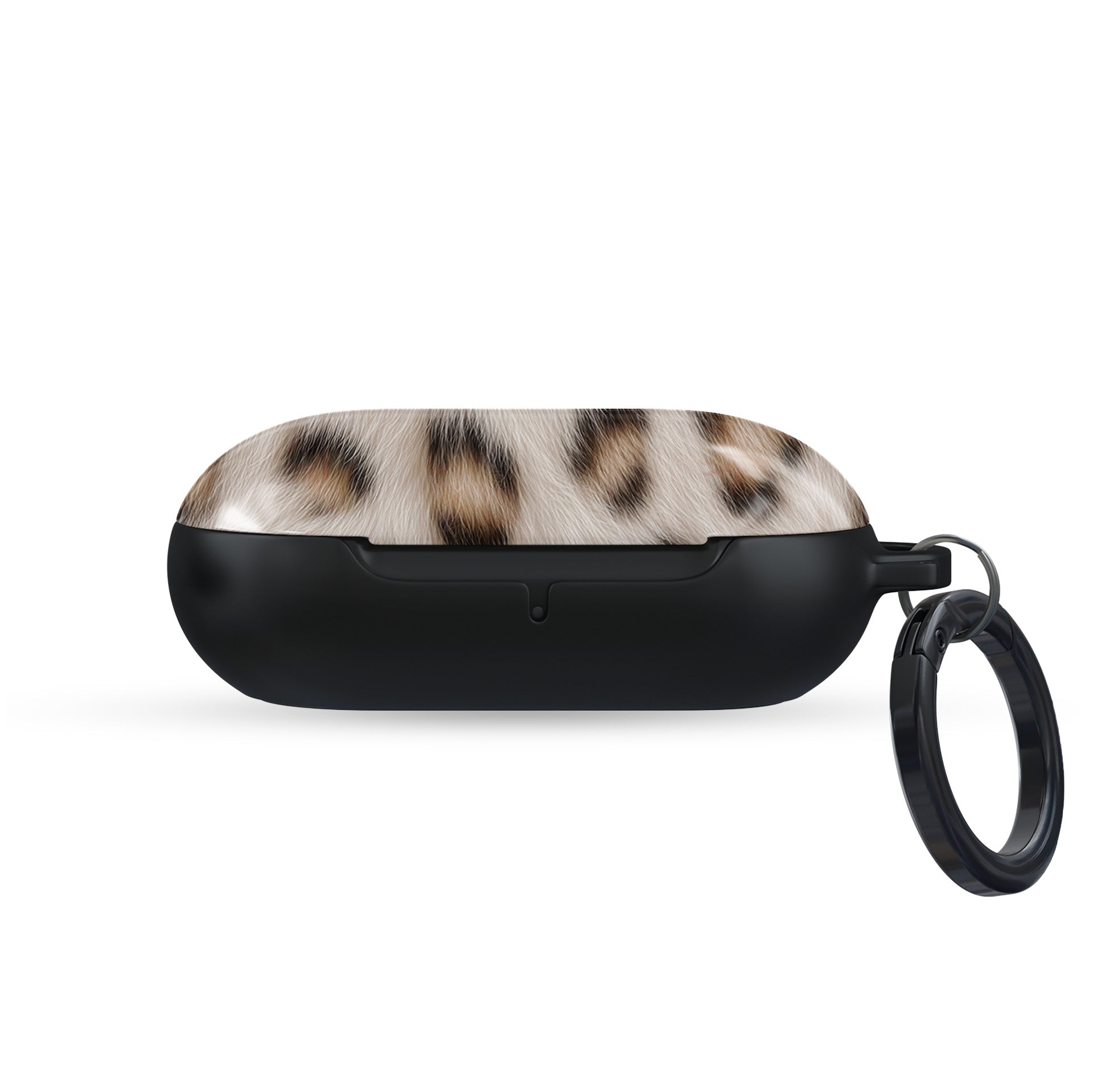 Snowy Roar white leopard print Samsung Buds case with glossy fur detail and keyring loop