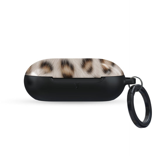 Snowy Roar white leopard print Samsung Buds case with glossy fur detail and keyring loop