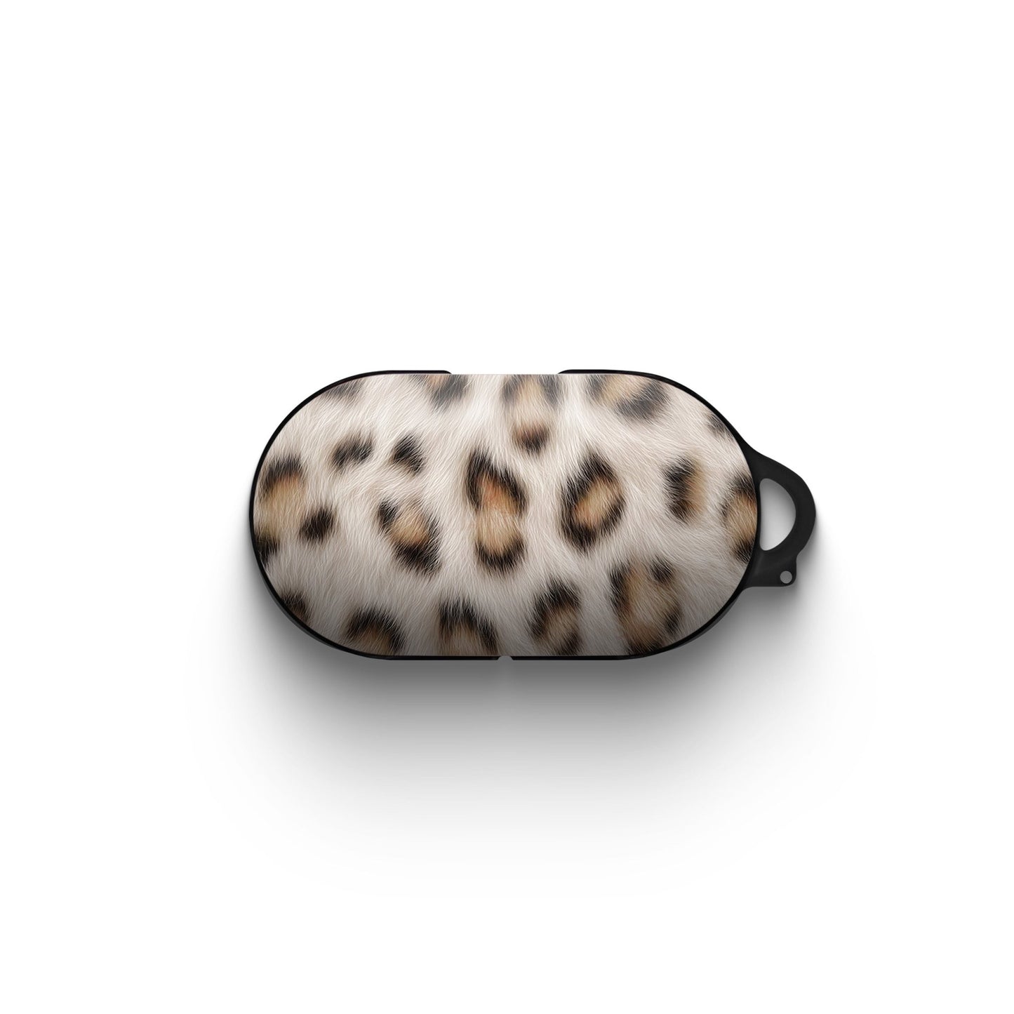 Snowy Roar white leopard print Samsung Buds case with glossy fur detail and keyring loop