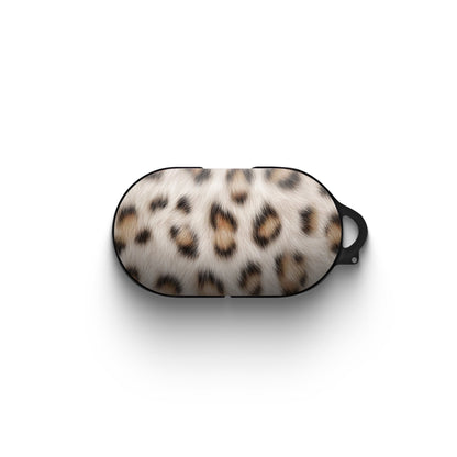 Snowy Roar white leopard print Samsung Buds case with glossy fur detail and keyring loop