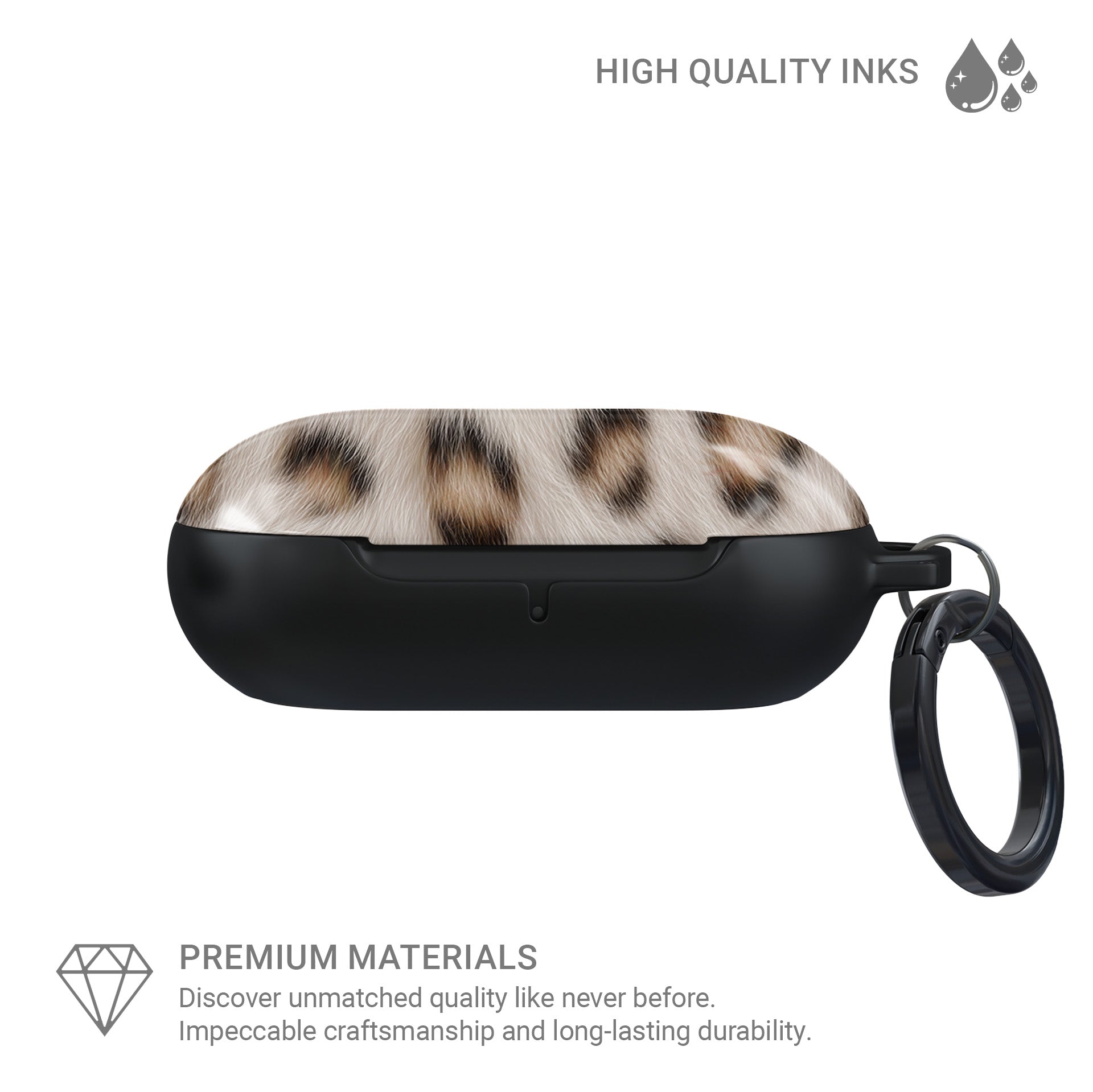 Snowy Roar white leopard print Samsung Buds case with glossy fur detail and keyring loop