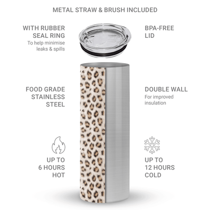 Snowy Roar stainless steel tumbler with soft snow-leopard print, metal straw, BPA free lid and double wall insulation.