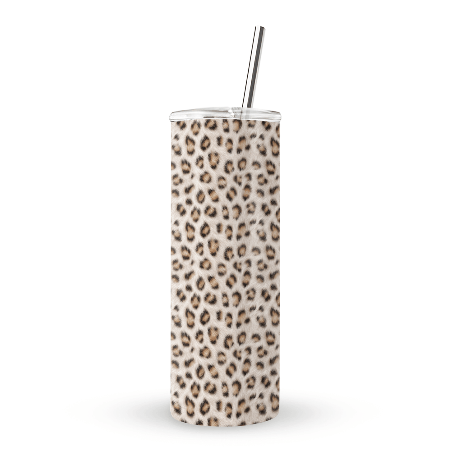 Snowy Roar stainless steel tumbler with soft snow-leopard print, metal straw, BPA free lid and double wall insulation.