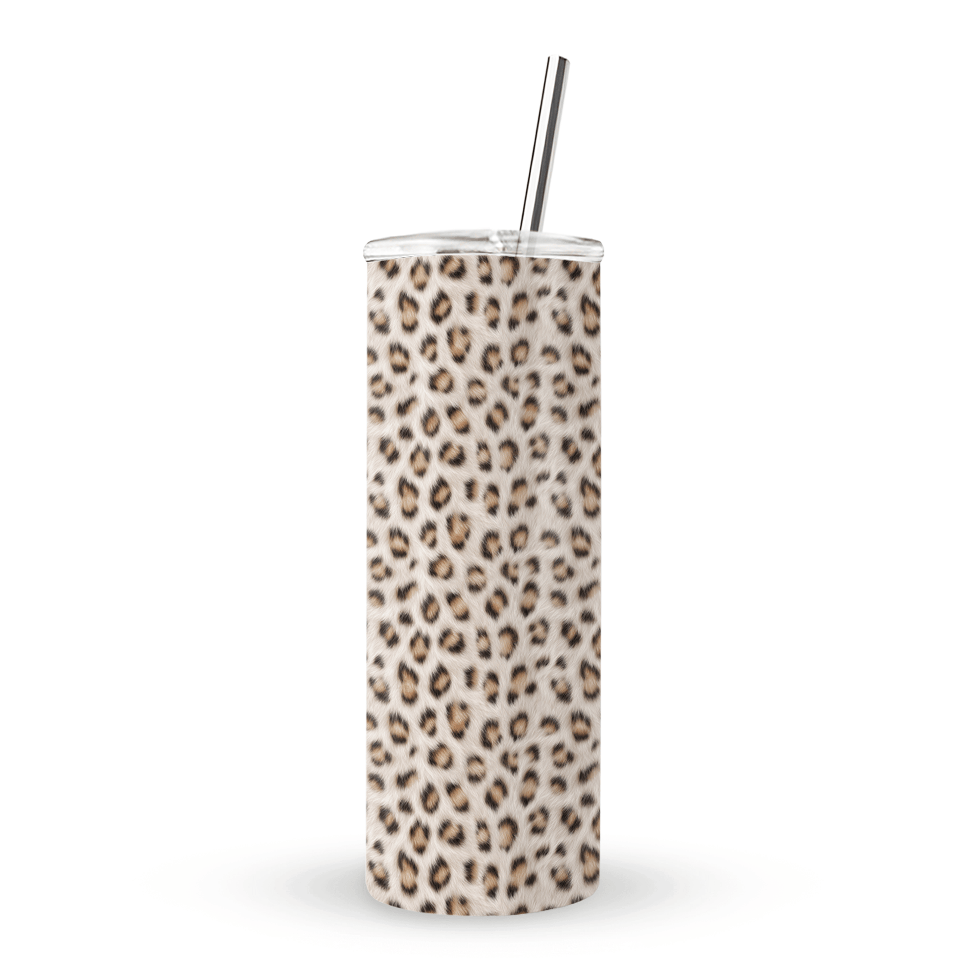 Snowy Roar stainless steel tumbler with soft snow-leopard print, metal straw, BPA free lid and double wall insulation.