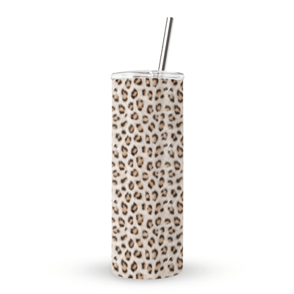 Snowy Roar stainless steel tumbler with soft snow-leopard print, metal straw, BPA free lid and double wall insulation.
