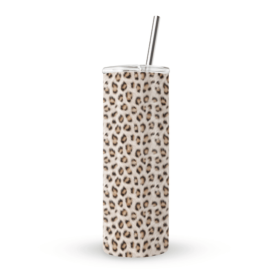 Snowy Roar stainless steel tumbler with soft snow-leopard print, metal straw, BPA free lid and double wall insulation.