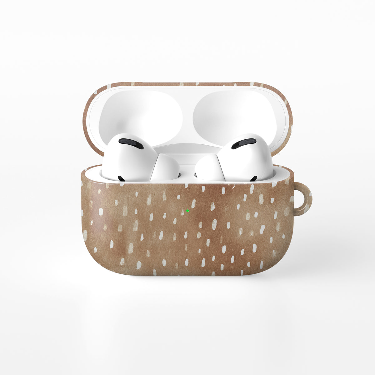 Fawn Fleck AirPods case in warm beige with irregular tan speckles and organic abstract marks.