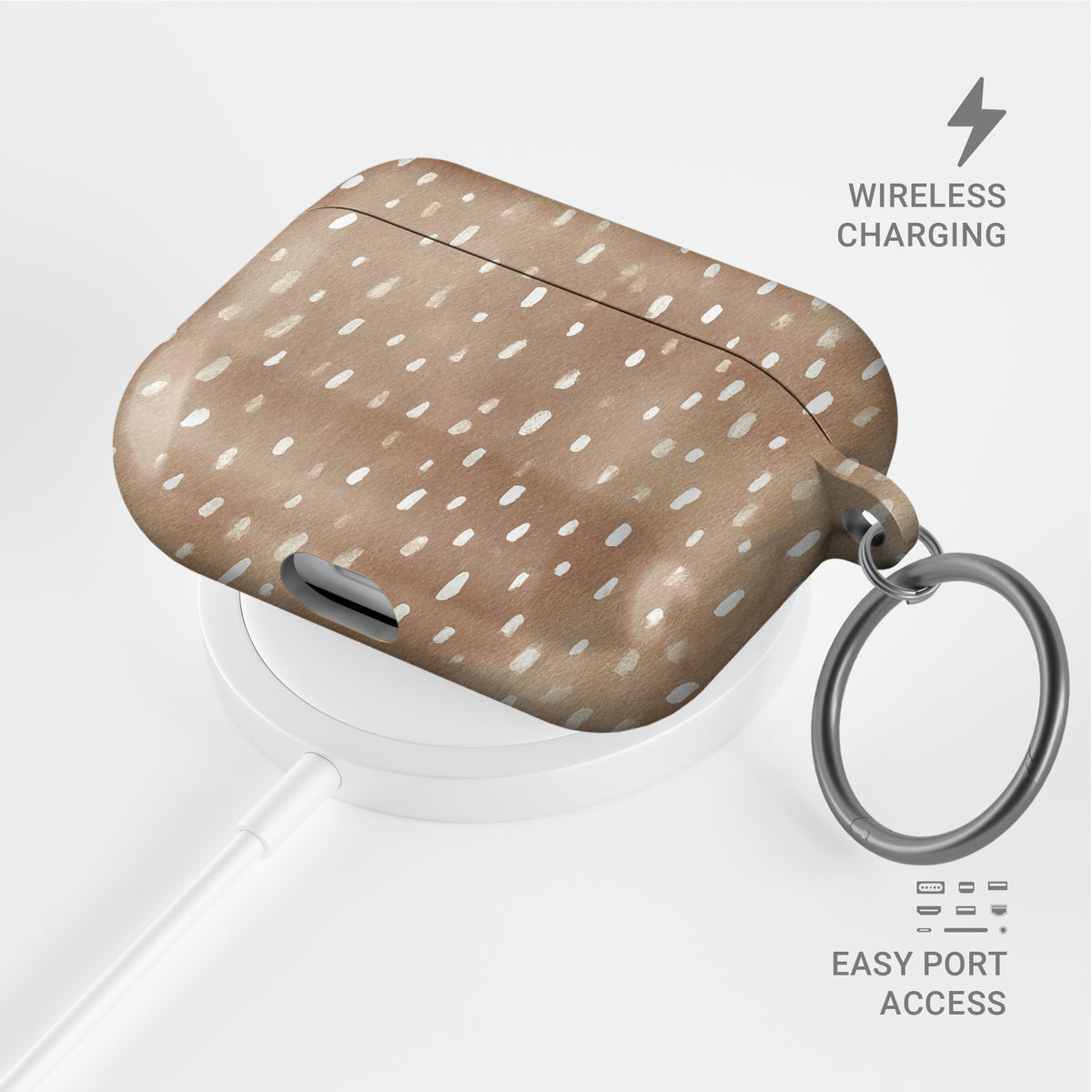 Fawn Fleck AirPods case in warm beige with irregular tan speckles and organic abstract marks.