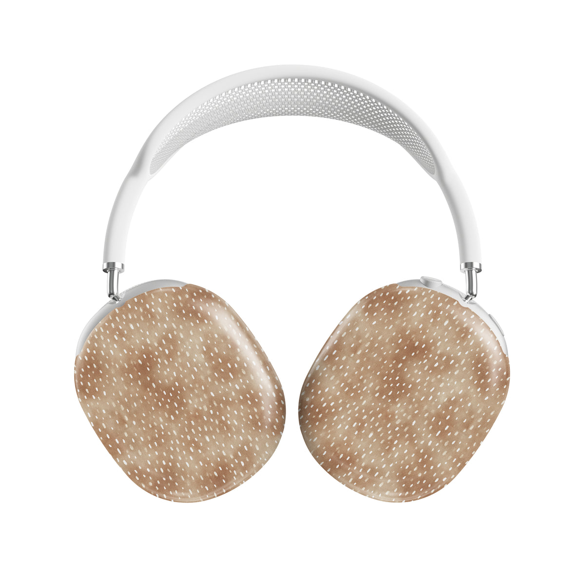 Fawn Fleck AirPods Max ear-cup shells in warm beige with irregular tan speckles and organic abstract marks.