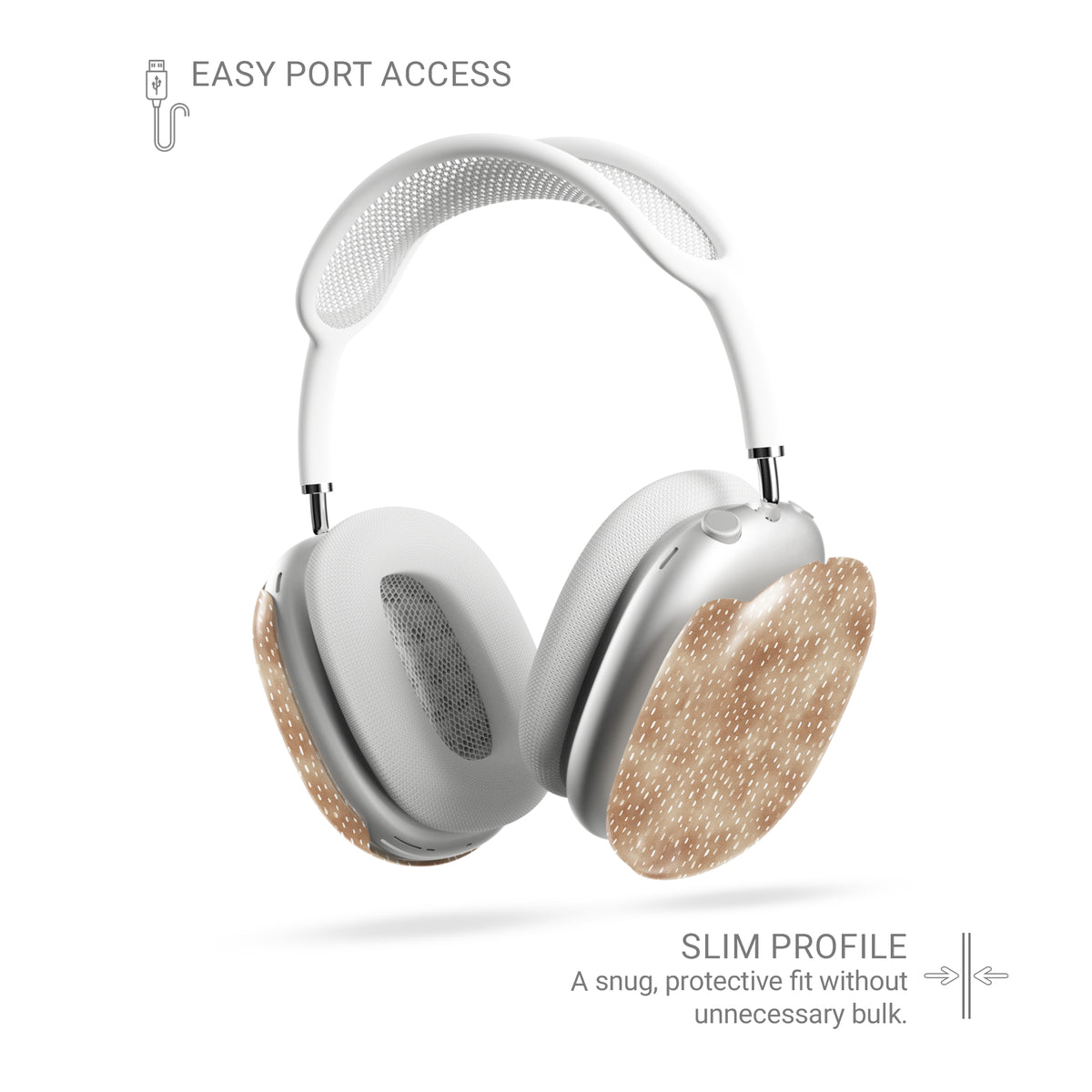 Fawn Fleck AirPods Max ear-cup shells in warm beige with irregular tan speckles and organic abstract marks.
