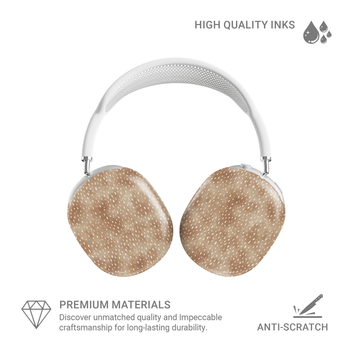 Fawn Fleck AirPods Max ear-cup shells in warm beige with irregular tan speckles and organic abstract marks.