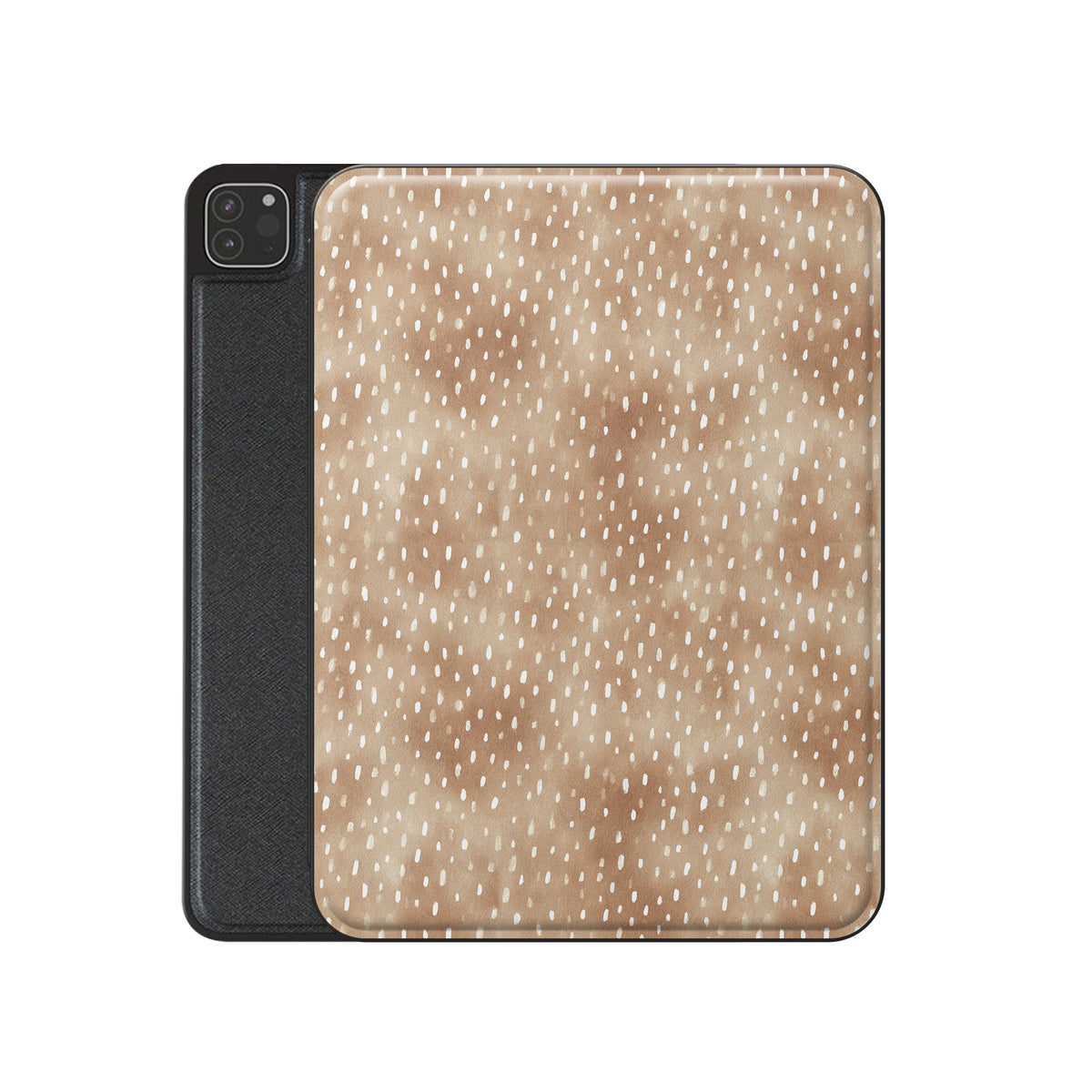 Fawn Fleck iPad case in warm beige with irregular tan speckles and a soft neutral organic pattern.