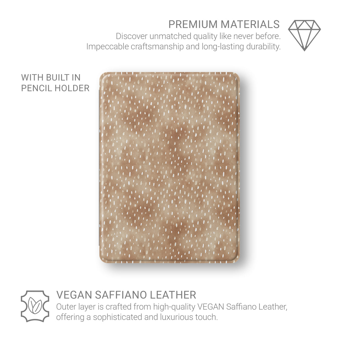 Fawn Fleck iPad case in warm beige with irregular tan speckles and a soft neutral organic pattern.