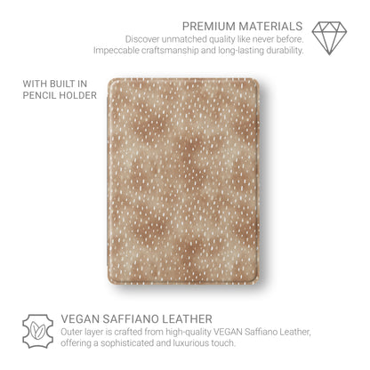 Fawn Fleck iPad case in warm beige with irregular tan speckles and a soft neutral organic pattern.