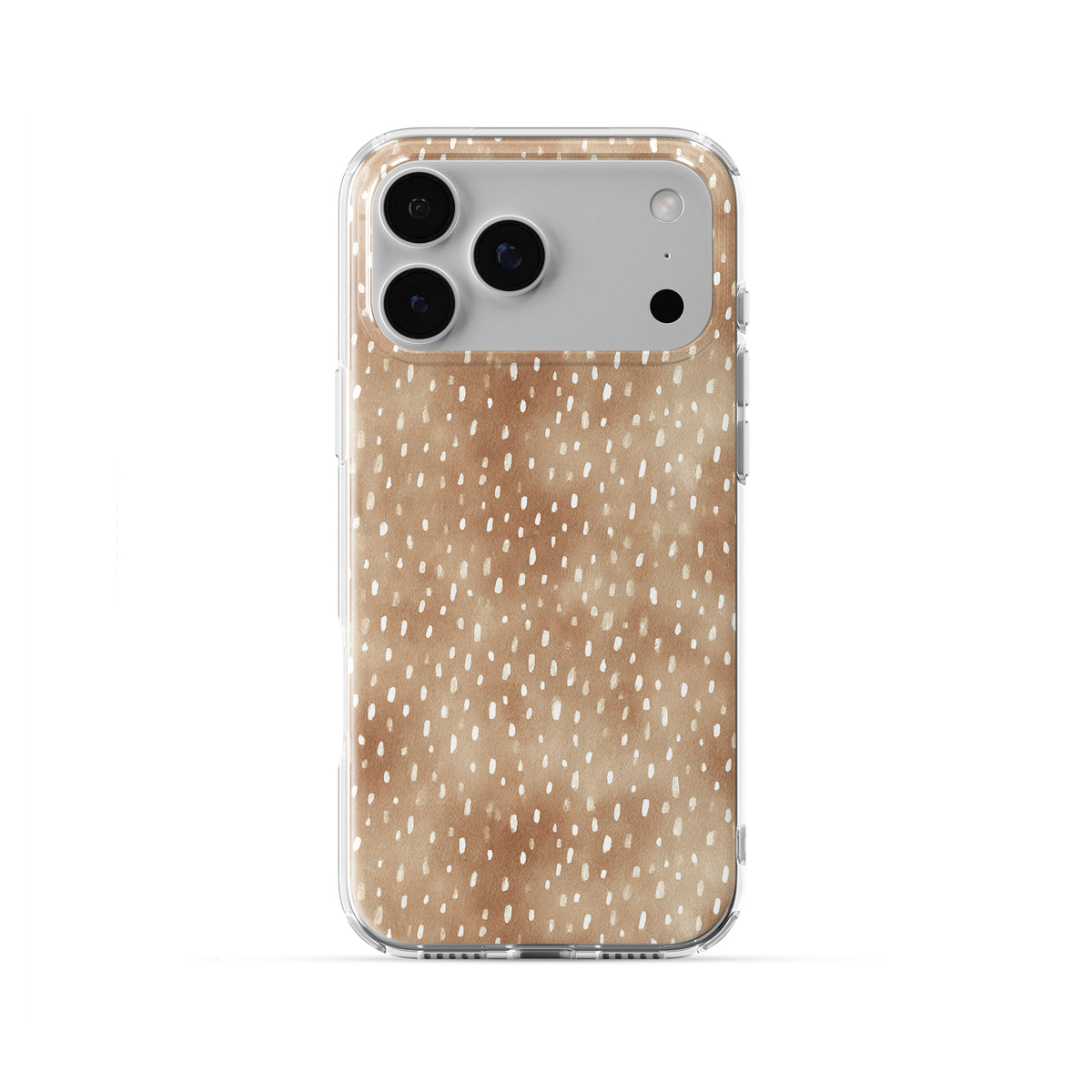 Fawn Fleck Clear phone case in warm beige with irregular tan speckles and organic abstract marks.