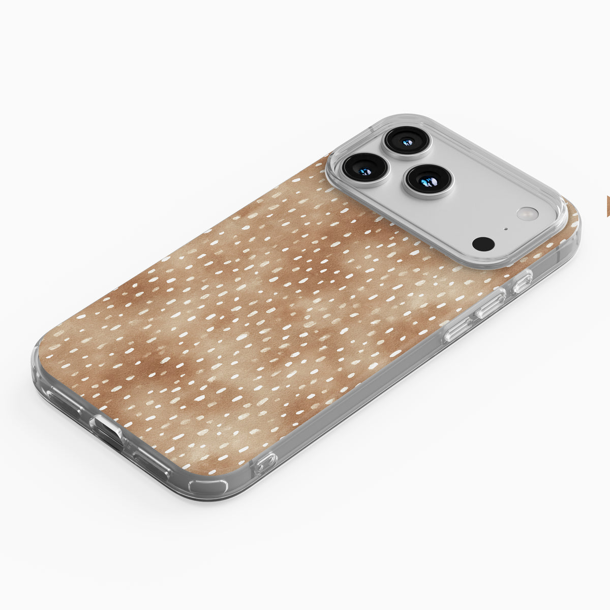 Fawn Fleck Clear phone case in warm beige with irregular tan speckles and organic abstract marks.