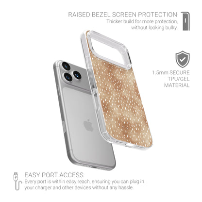 Fawn Fleck Clear phone case in warm beige with irregular tan speckles and organic abstract marks.