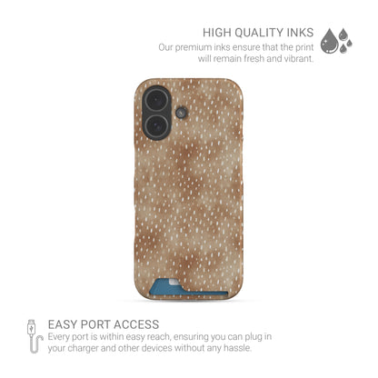 Fawn Fleck Card-Holder phone case in warm beige with irregular tan speckles and organic abstract marks.