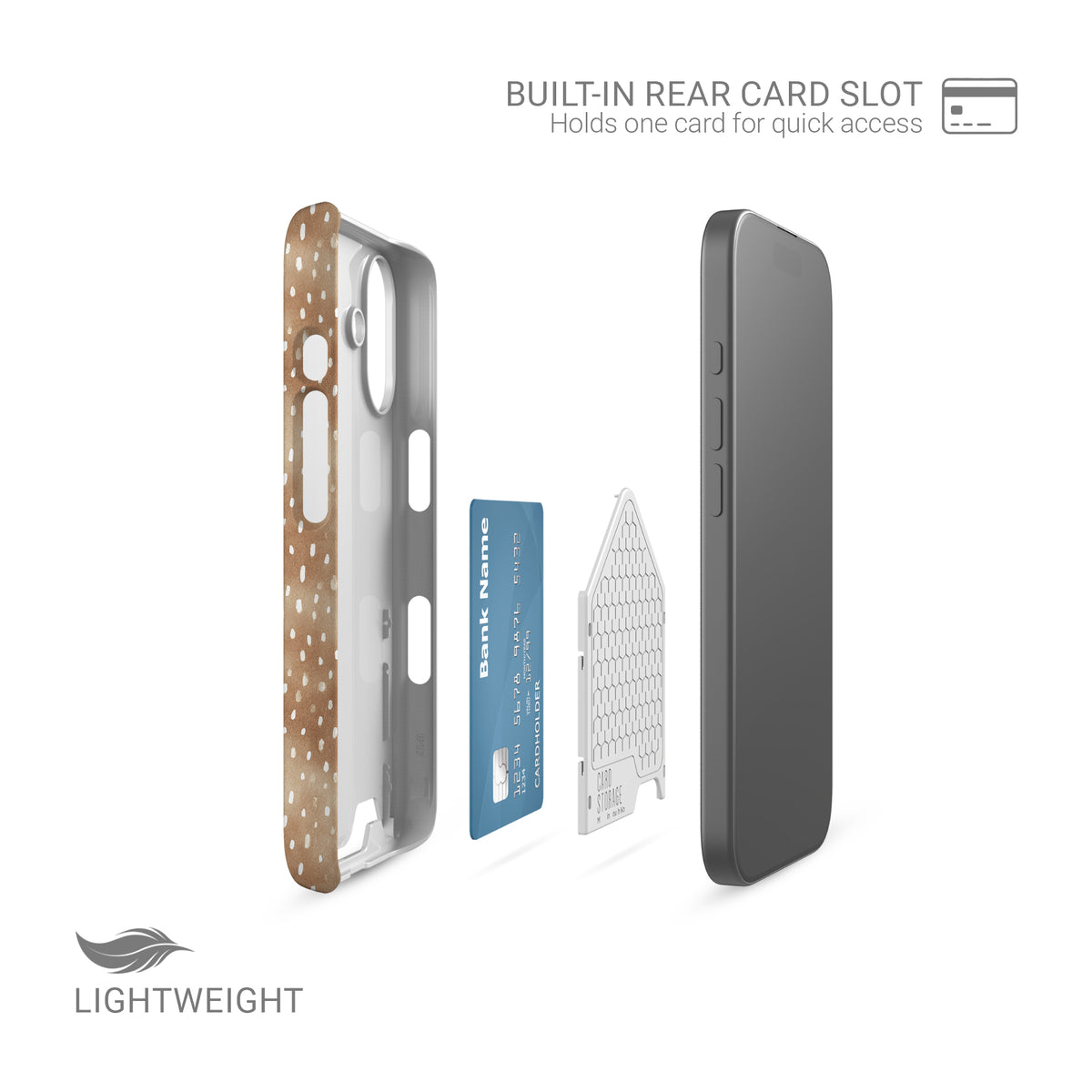 Fawn Fleck Card-Holder phone case in warm beige with irregular tan speckles and organic abstract marks.