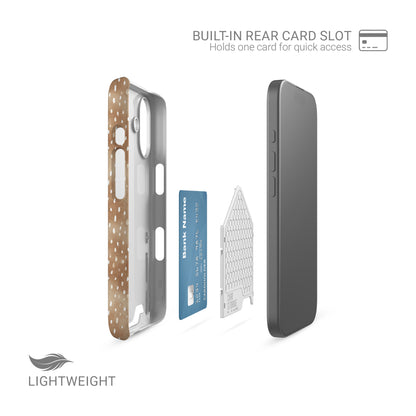 Fawn Fleck Card-Holder phone case in warm beige with irregular tan speckles and organic abstract marks.