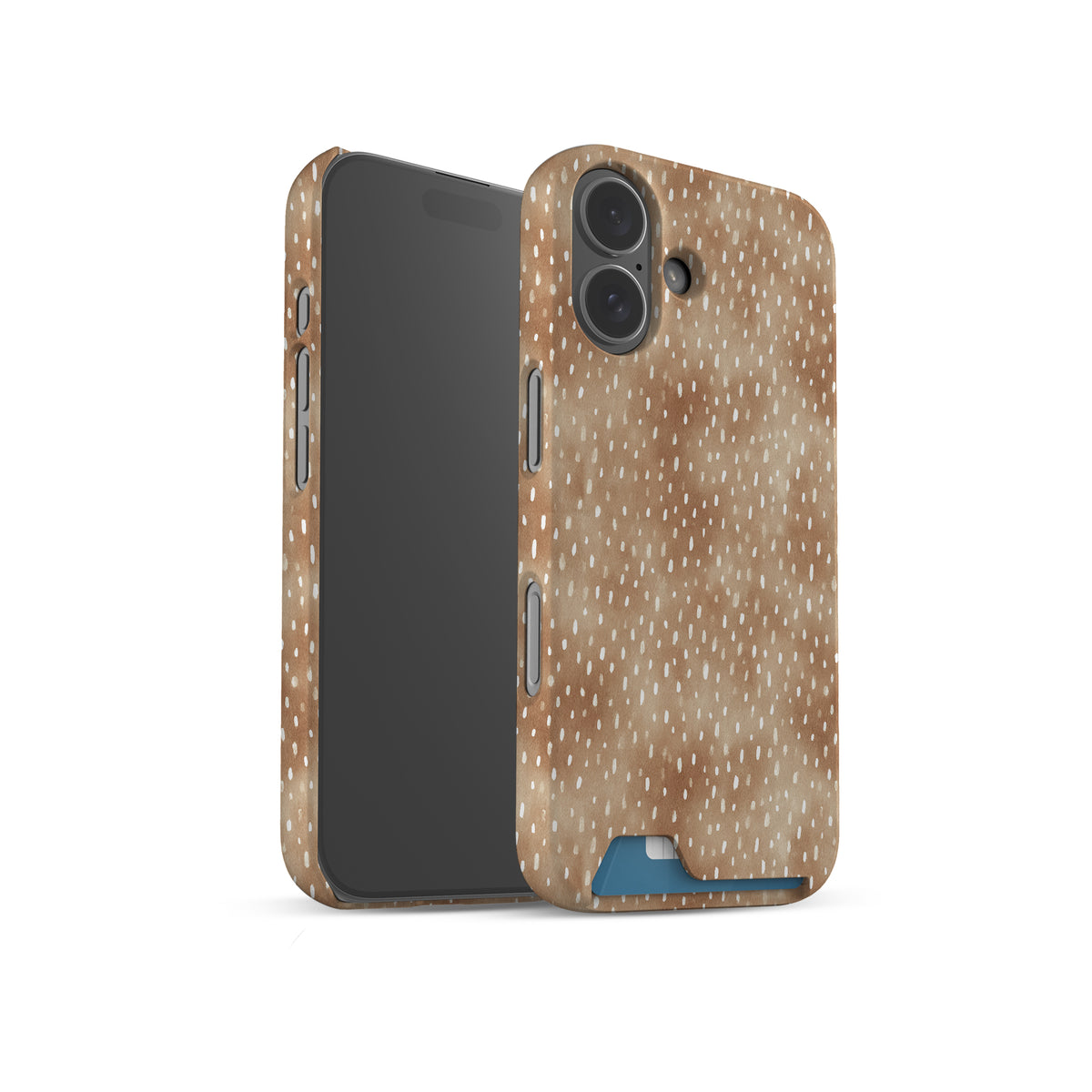 Fawn Fleck Card-Holder phone case in warm beige with irregular tan speckles and organic abstract marks.