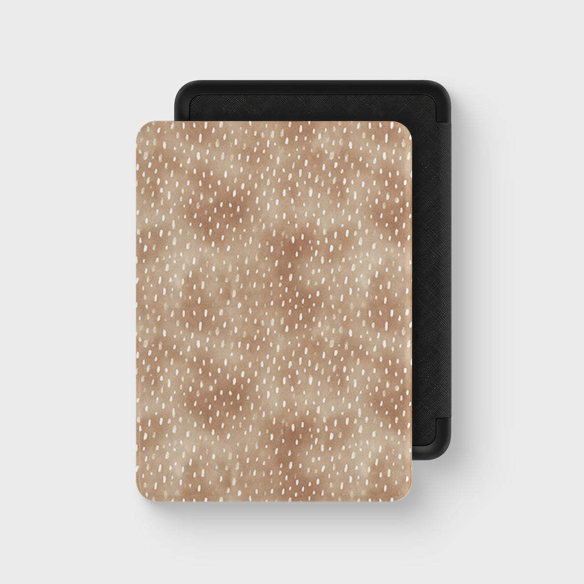 Fawn Fleck Kindle case in warm beige with irregular tan flecks and a soft neutral organic pattern.
