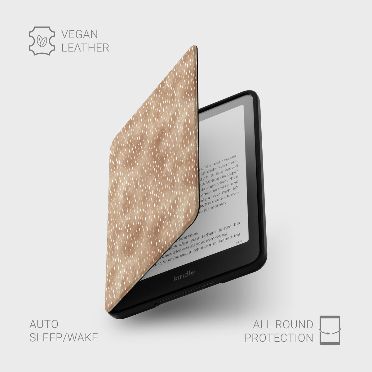Fawn Fleck Kindle case in warm beige with irregular tan flecks and a soft neutral organic pattern.