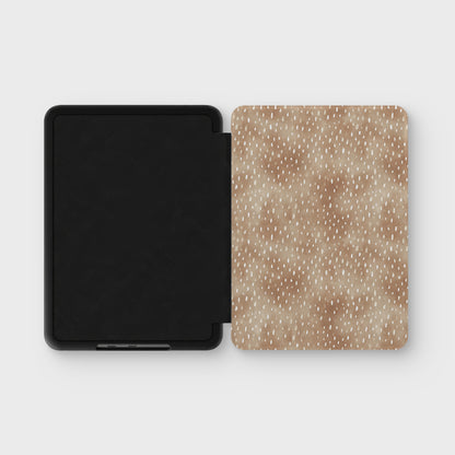 Fawn Fleck Kindle case in warm beige with irregular tan flecks and a soft neutral organic pattern.