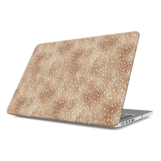 Fawn Fleck MacBook shell in warm beige with irregular tan speckles and a soft organic neutral pattern.