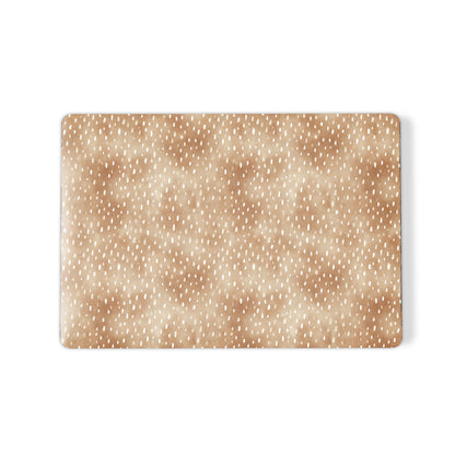 Fawn Fleck MacBook shell in warm beige with irregular tan speckles and a soft organic neutral pattern.