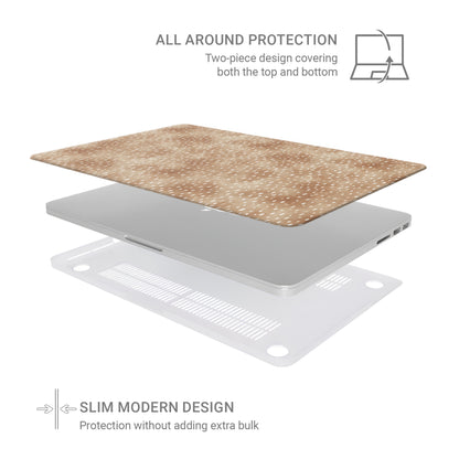 Fawn Fleck MacBook shell in warm beige with irregular tan speckles and a soft organic neutral pattern.