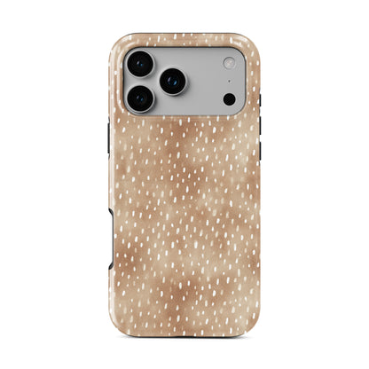 Fawn Fleck MagSafe Tough phone case in warm beige with irregular tan speckles and organic abstract marks.