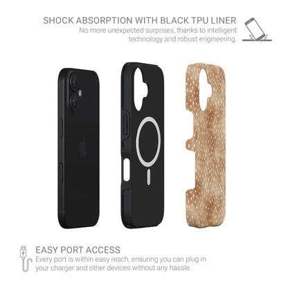 Fawn Fleck MagSafe Tough phone case in warm beige with irregular tan speckles and organic abstract marks.