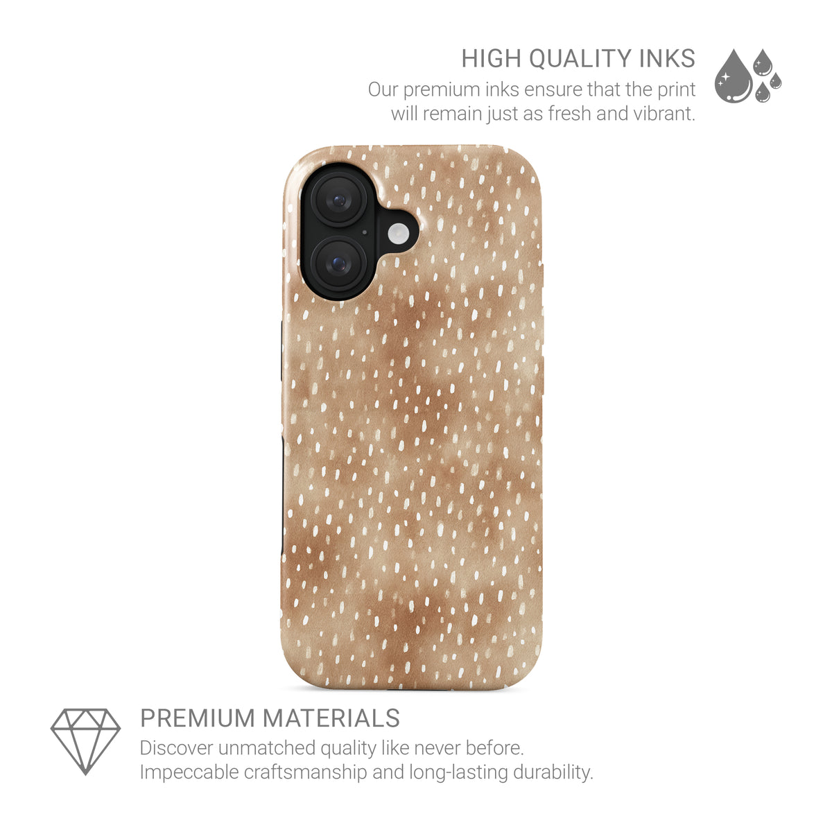 Fawn Fleck MagSafe Tough phone case in warm beige with irregular tan speckles and organic abstract marks.