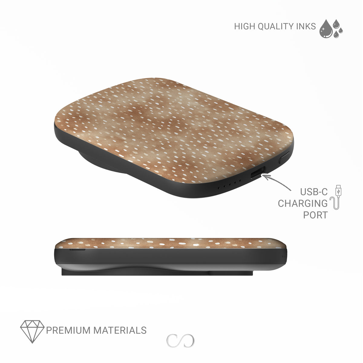 Fawn Fleck power bank in warm beige with irregular tan speckles and organic abstract marks.