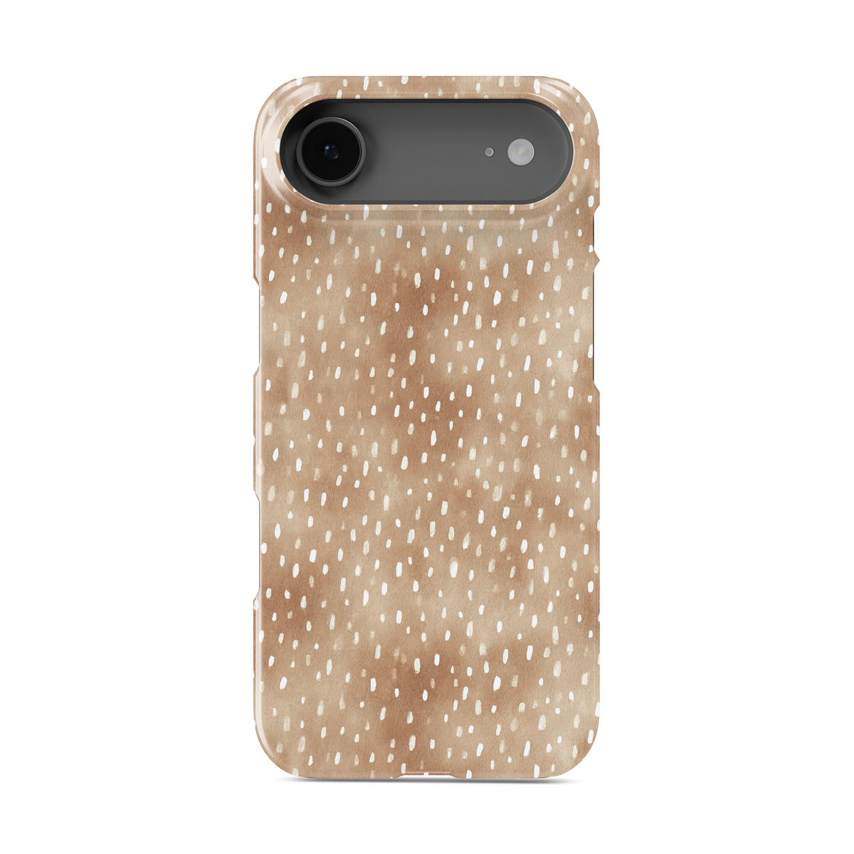 Fawn Fleck Snap phone case in warm beige with irregular tan speckles and organic abstract marks.
