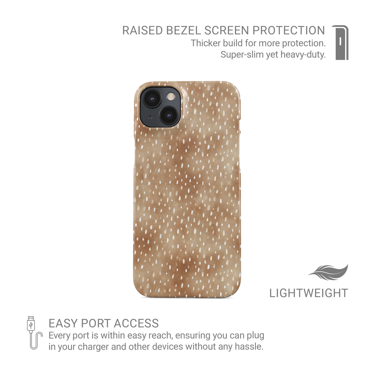 Fawn Fleck Snap phone case in warm beige with irregular tan speckles and organic abstract marks.