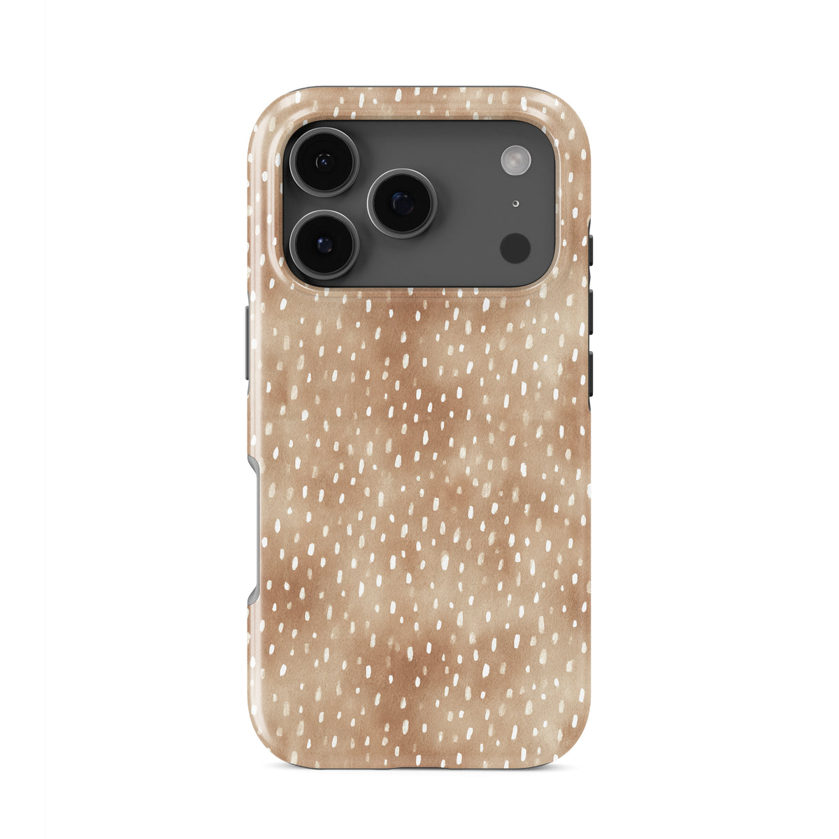 Fawn Fleck Tough phone case in warm beige with irregular tan speckles and organic abstract marks.