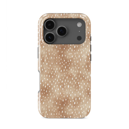 Fawn Fleck Tough phone case in warm beige with irregular tan speckles and organic abstract marks.